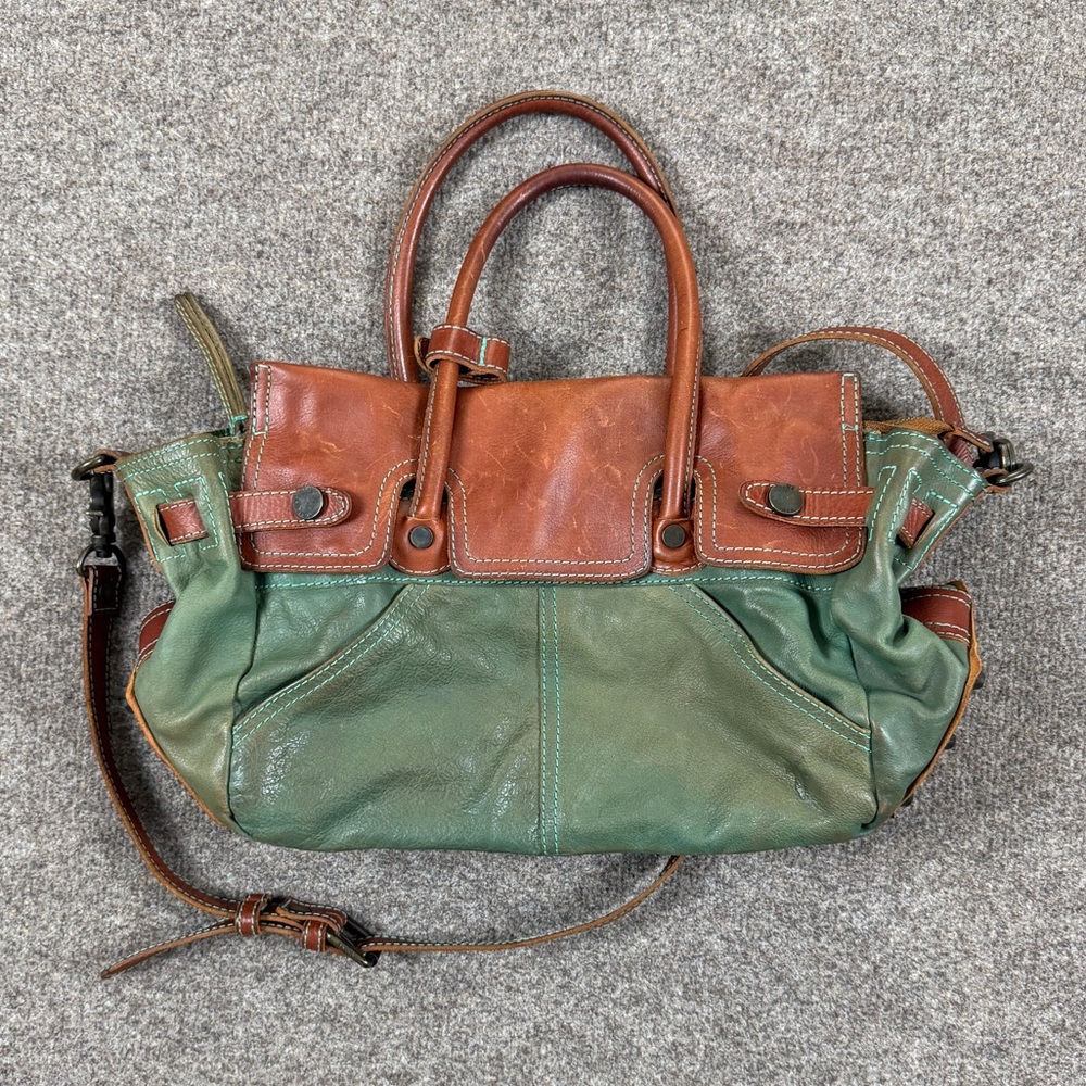 Frye Tracy Green Brown Genuine Leather Satchel Top Handle Crossbody Bag VTG Y2K